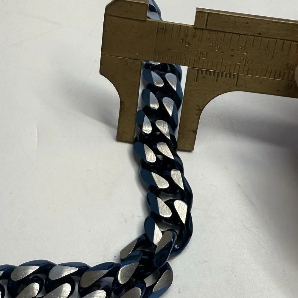 Men’s Solid Stainless Steel And Blue Ion Playing Chain Necklace 24”  109.57g